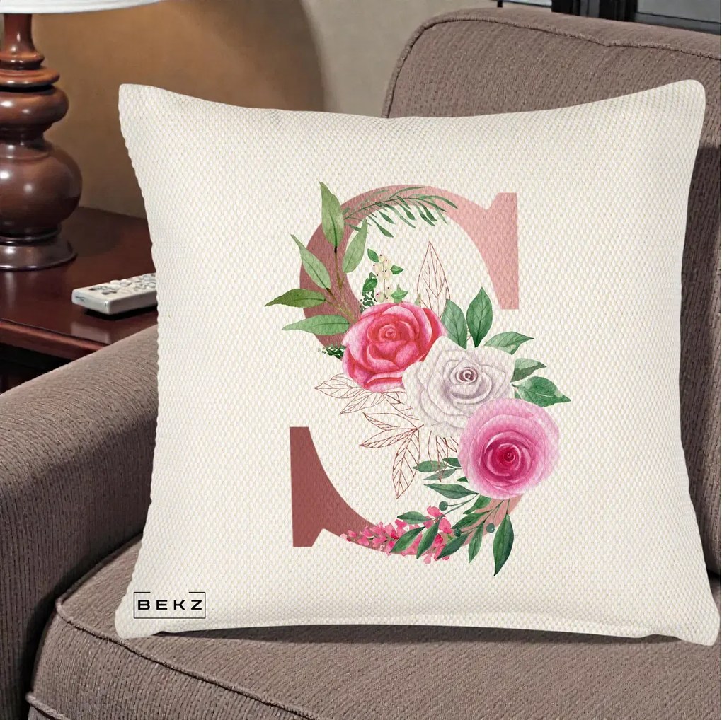 Cadou Personalizat - Perna Personalizata Monograma Rose Gold Litera S, 40x40 cm, Crem Reliefat, Husa Detasabila, Perna Inclusa, BEKZ®