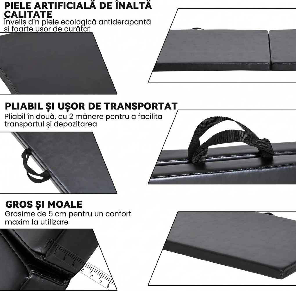 HOMCOM Tapet de Gimnastică Pliabil, Tapet Fitness Gros de 5 cm și Antialunecare, 180x60x5 cm, Negru | Aosom Romania