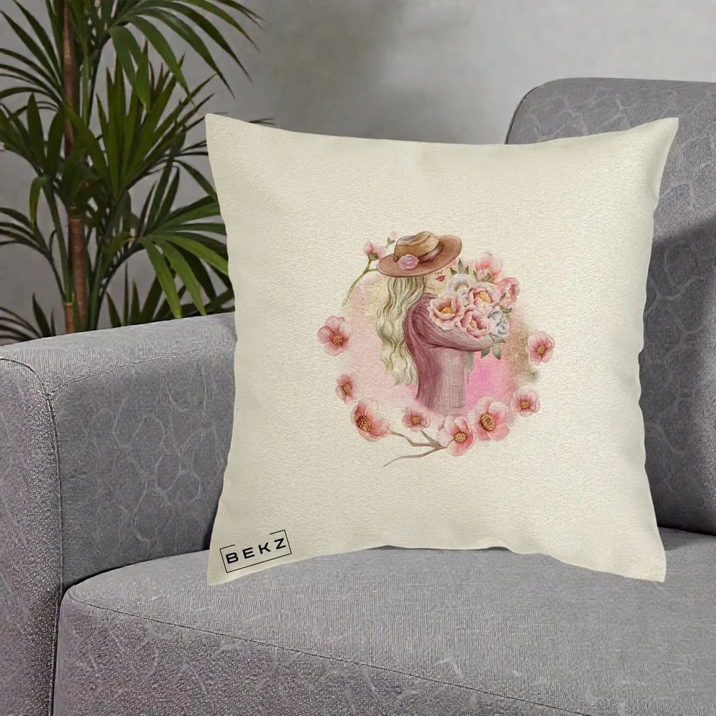 Perna Decorativa Femeie cu Flori Roz Acuarela, 40x40 cm, Ecru, Husa Detasabila, Perna Inclusa, BEKZ®