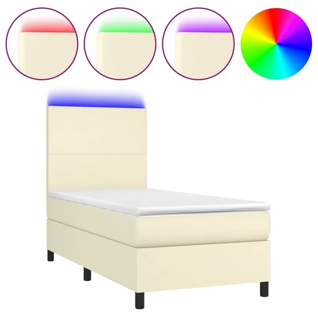 3135809 vidaXL Pat cu arcuri, saltea și LED, crem, 100x200 cm, piele ecologică