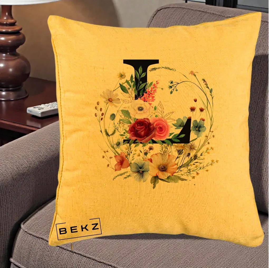 Cadou Personalizat - Perna Personalizata Monogram Litera L cu Flori Acuarela, 40x40 cm, Galben, Husa Detasabila, Perna Inclusa, BEKZ®