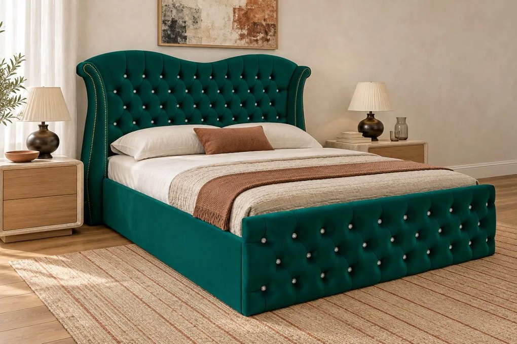 Pat tapițat Chesterfield Avella 160×200 cm, verde, cu ladă de depozitare