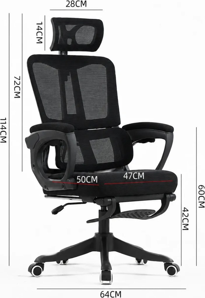 Scaun ergonomic cu suport lombar, tetieră reglabilă, suport pentru picioare, pivotant, Mesh, Negru