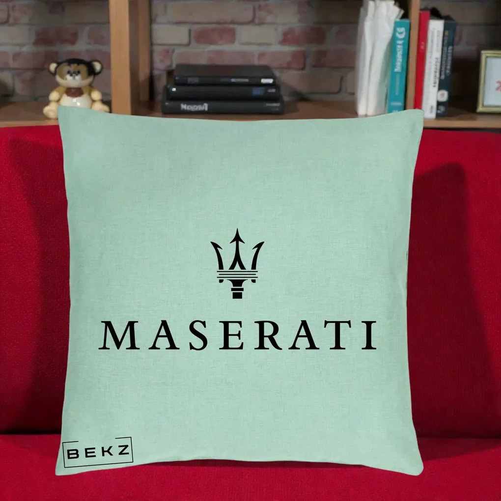 Perna Personalizata cu emblema Maserati, 40x40 cm, Verde Menta, Husa Detasabila, Perna Inclusa, BEKZ®