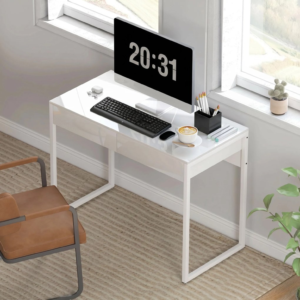 HOMCOM Birou Modern cu 2 Sertare și Picioare din Oțel, 100x50x75 cm, Alb Lucios | Aosom Romania