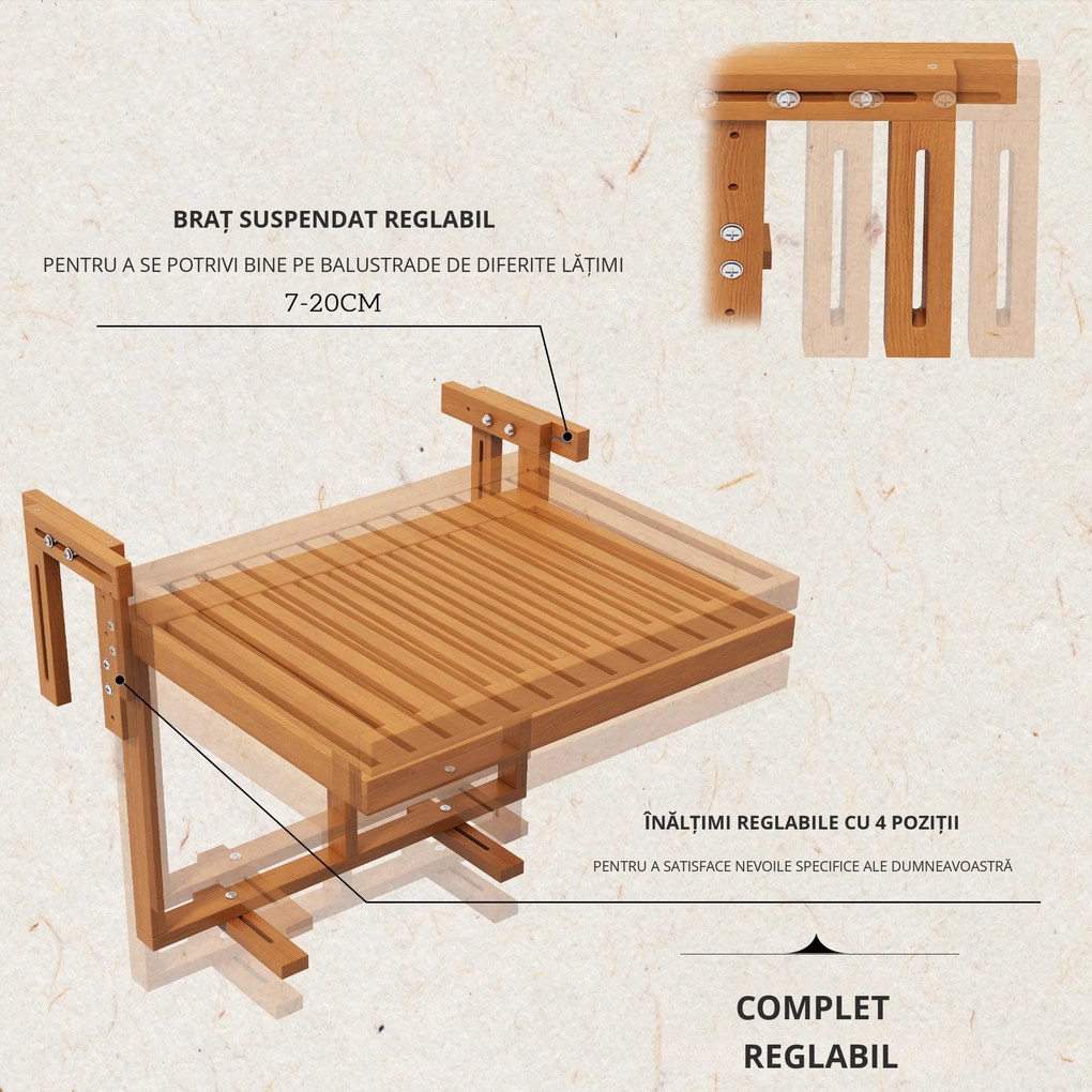 Outsunny Masă Suspendată de Exterior, Masă Reglabilă pentru Balustradă, Blat Suport cu Montare pe Perete, 68x65x40,5-55 cm, Tec | Aosom Romania