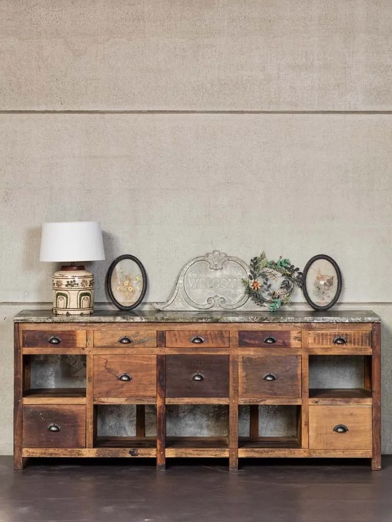 Bufet din lemn reciclat, cu sertare si rafturi, aspect vintage, Fabrica