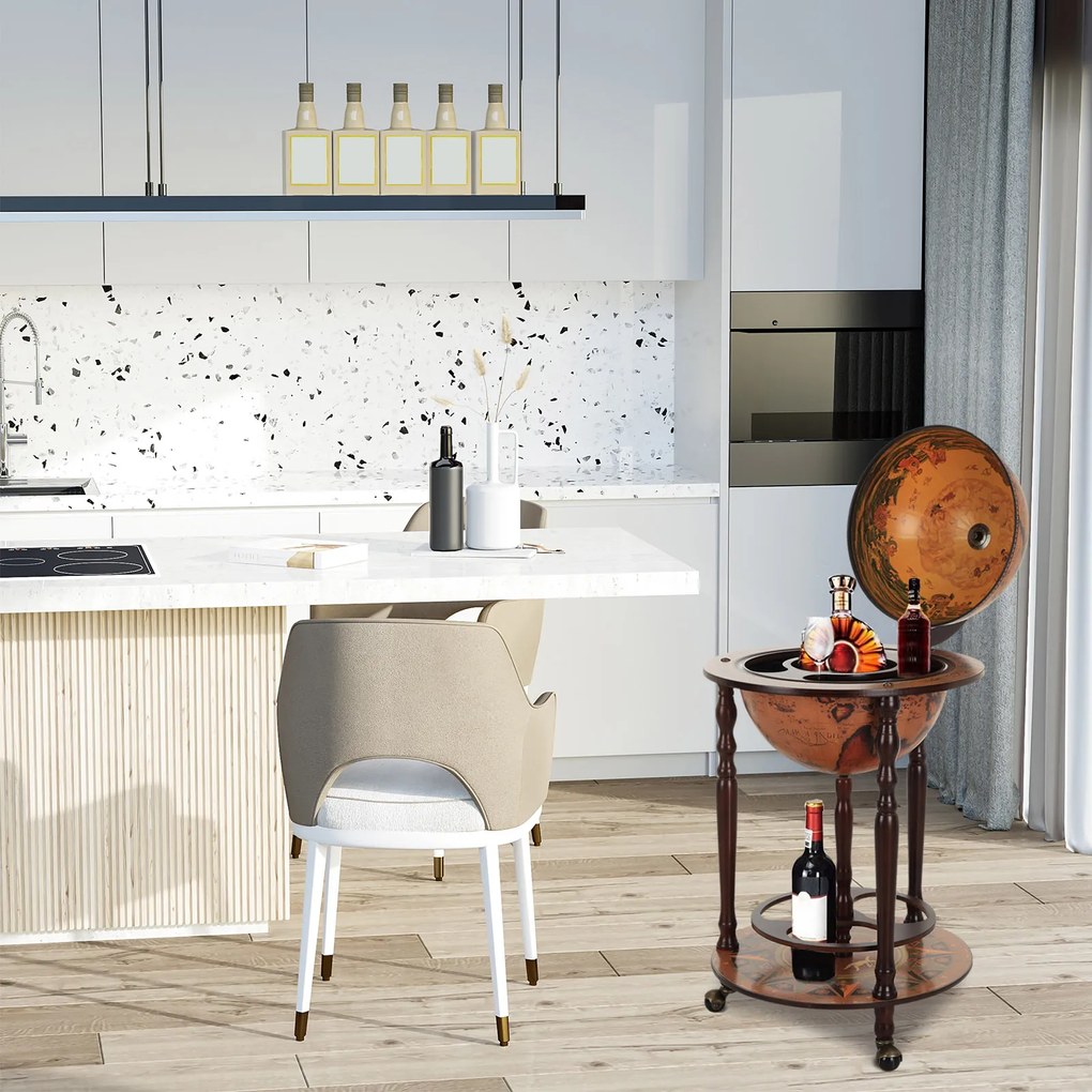 Bar in forma de Glob HOMCOM, Suport Sticle, din lemn cu 3 roți, Ф47x90cm | AOSOM RO
