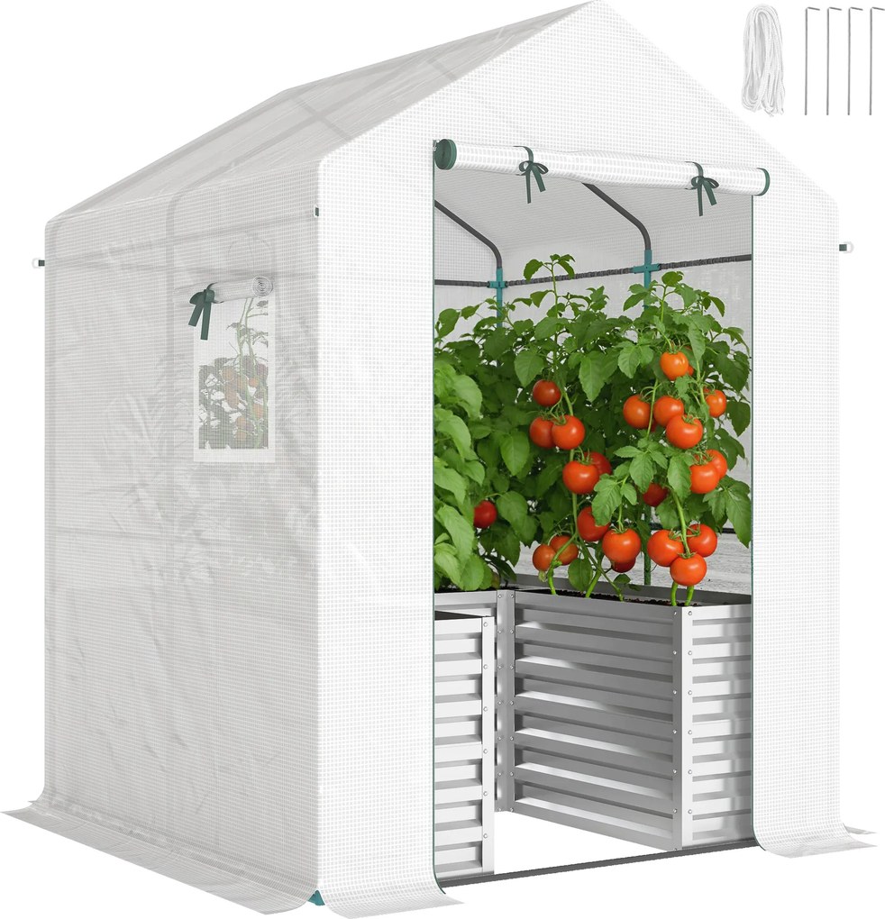 Outsunny Seră pentru roșii seră din folie cu jardinieră înaltă ușă rulantă fereastră acoperiș înclinat 141 x 141 x 190 cm Alb | Aosom Romania