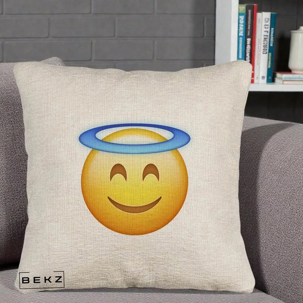 Perna Decorativa Emoji Inger cu Aureola, 40x40 cm, Bej Canapea, Husa Detasabila, Perna Inclusa, BEKZ®