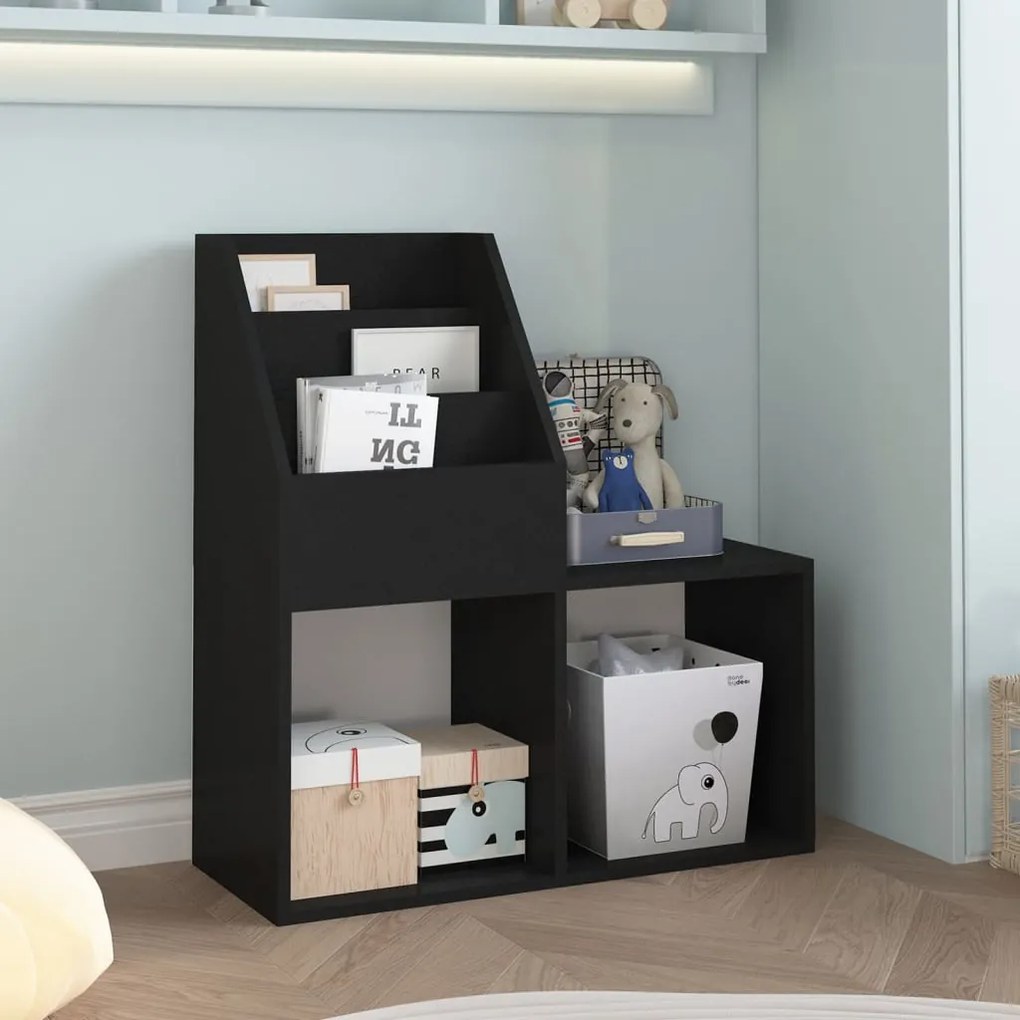 339516 vidaXL Raft reviste pentru copii, negru, 71x30x78,5cm, lemn prelucrat