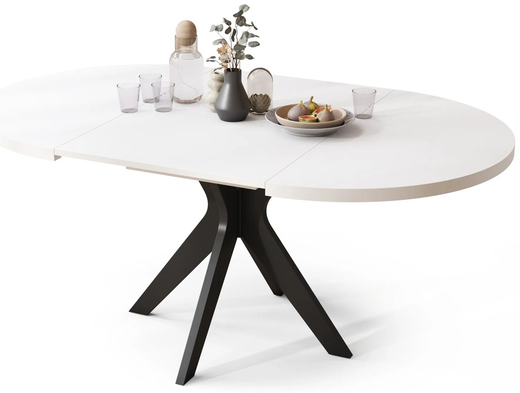 Mazzoni RENZO Alb/picior negru - MASĂ ROTUNDĂ Ø110 EXTENSIBILĂ PÂNĂ LA 180 cm | PENTRU BUCĂTĂRIE SUFRAGERIE LIVING RETRO