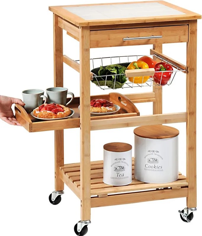 Carucior de bucatarie Kesper 25776, 48x81x38 cm, Bambus, 4 roti, Maro