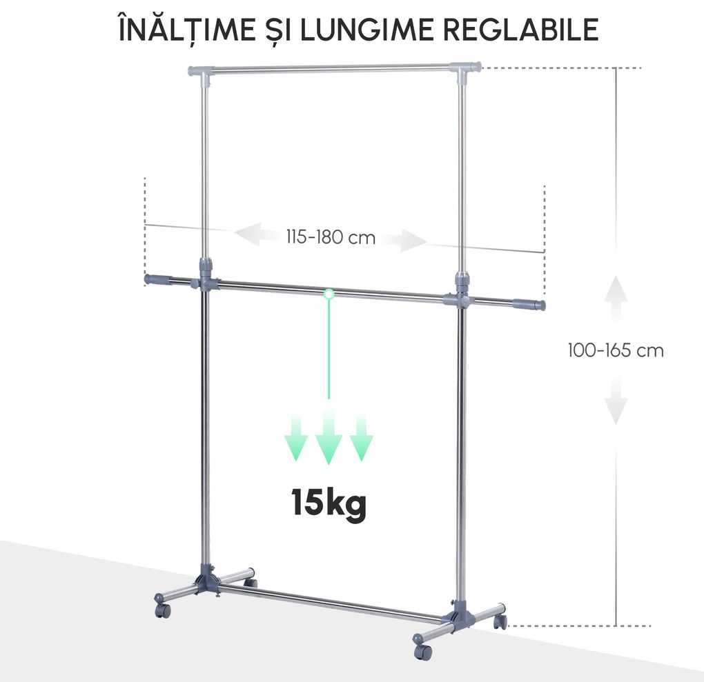 HOMCOM Cuier pentru haine cu inaltime si extensie reglabile, 165 x 48 x 180 cm, Inox / ABS, Argintiu / Gri | Aosom Romania