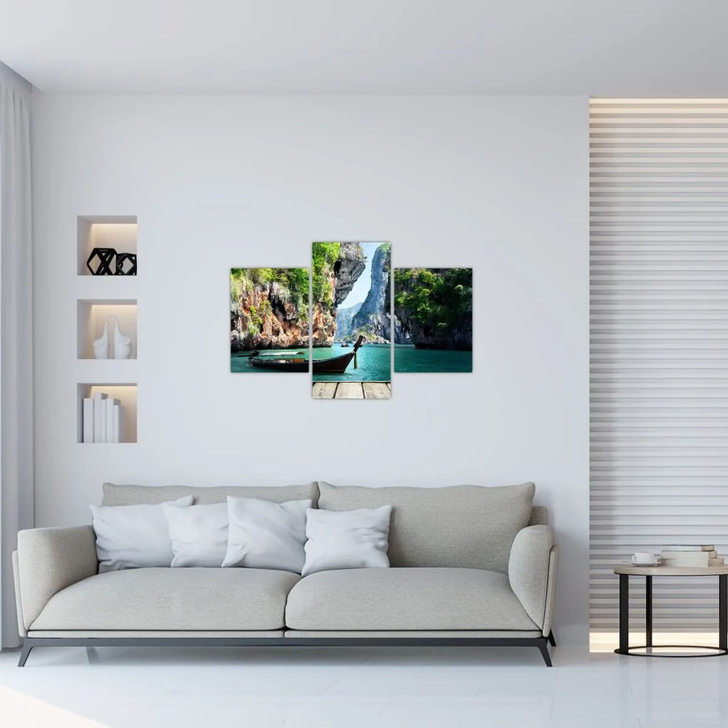 Tablou - Apă peisaj mediteranean cu barca (90x60 cm)