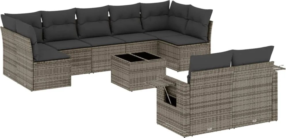 vidaXL Set mobilier de grădină cu perne, 10 piese, gri, poliratan