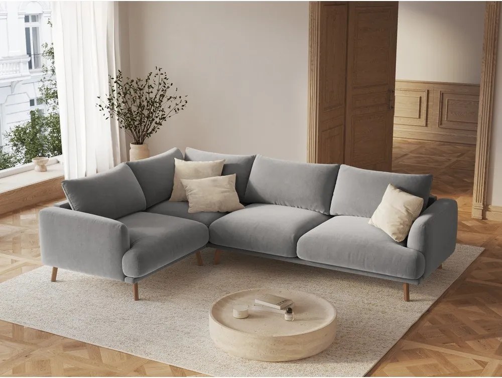 Colțar gri cu tapițerie din catifea (cu colț pe partea stângă/în formă de ”L”) Naomi – Micadoni