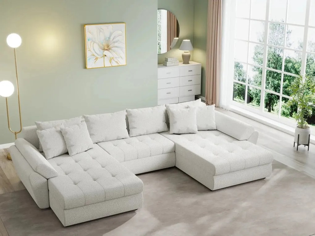 Colțar extensibil dumonde cu ladă de depozitare si sezut confortabil din spuma high-density, Loana U Euphoria Ivory 355x185 cm