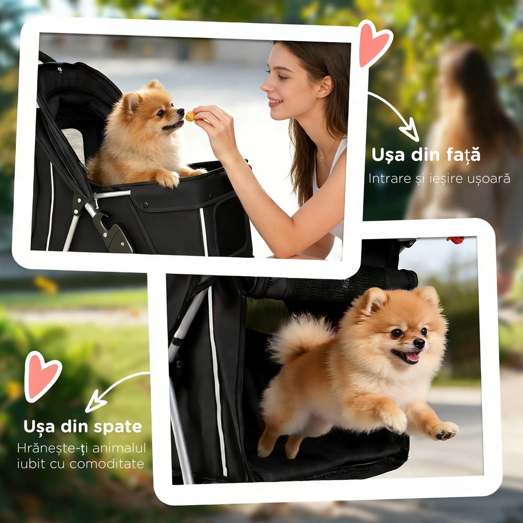 PawHut Cărucior pentru Câini Până la 10 kg, Cărucior Pliabil pentru Animale, 77x44x102 cm, Negru | Aosom Romania