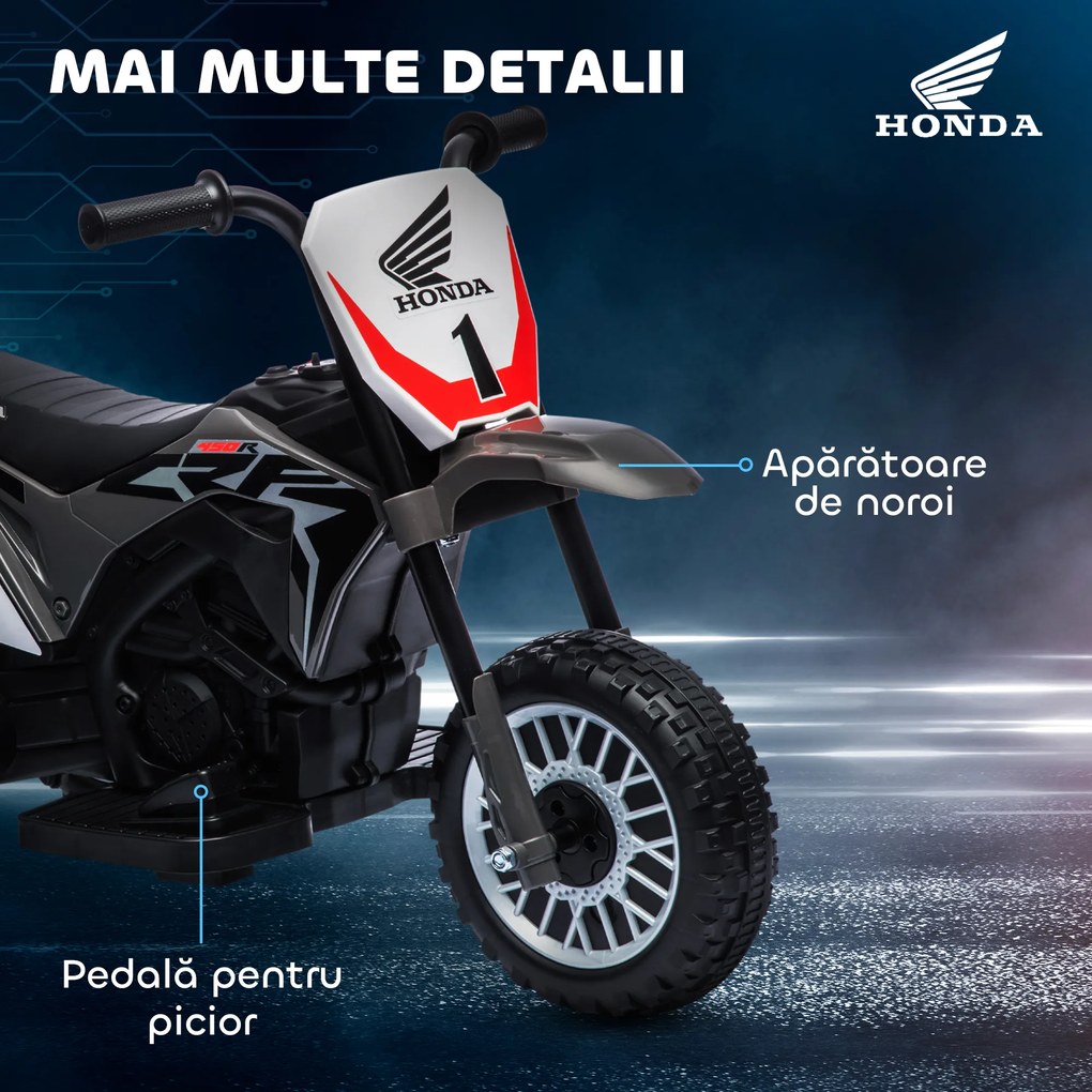 HOMCOM Motocicletă Electrică pentru Copii sub Licență Honda CRF450RL cu 3 Roți și Claxon, 71x40.5x43.5 cm, Gri | Aosom Romania