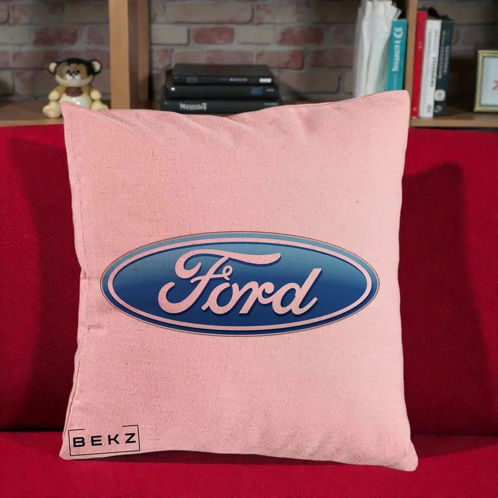Perna Personalizata cu emblema Ford, 40x40 cm, Roz, Husa Detasabila, Perna Inclusa, BEKZ®