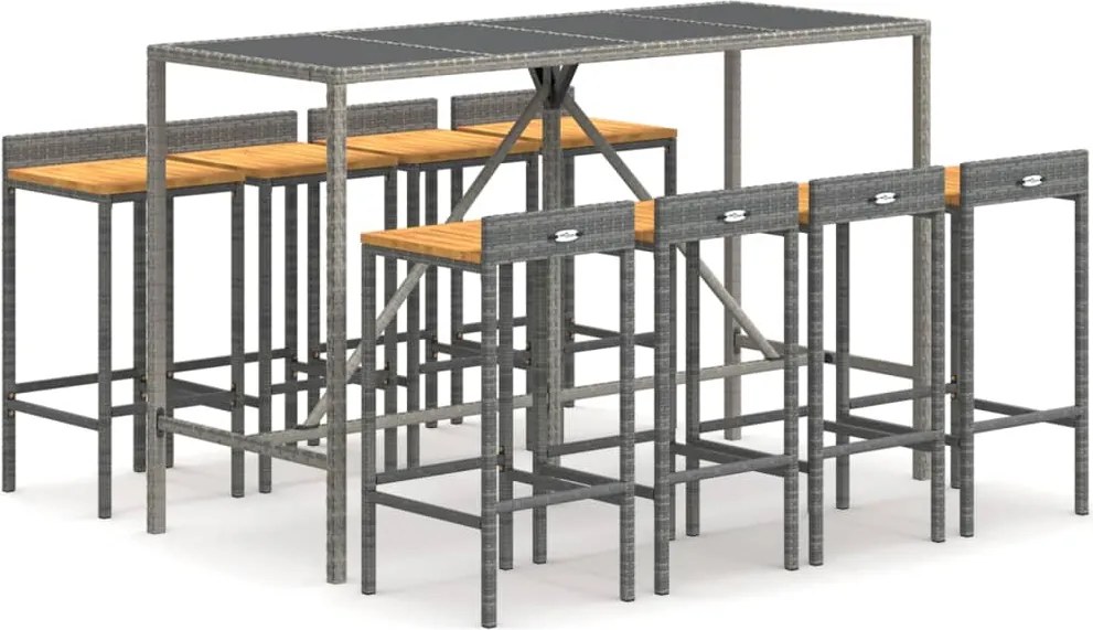 vidaXL Set bar pentru grădină, 9 piese, gri, poliratan/lemn acacia