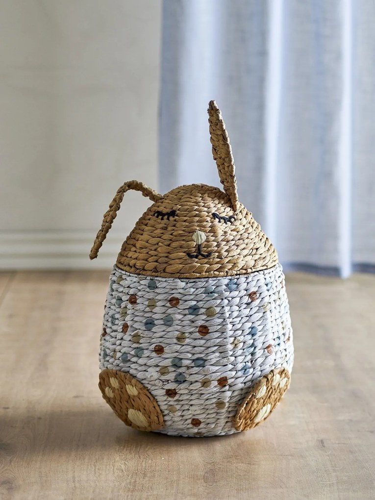 Coș depozitare iepuraș din iarbă de mare împletită, multicolor, cu capac și model cu buline, 35x60 cm, „Villja"