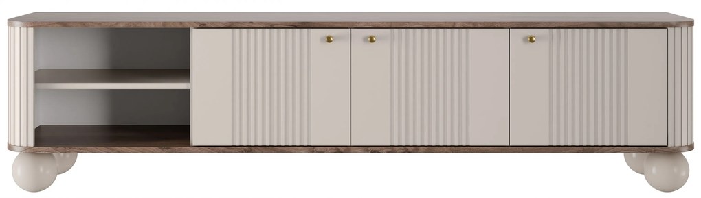 Comodă TV Vesper 187 cm cu trei uși - kaszmir / nuc / mânere aurii / picioare sferice