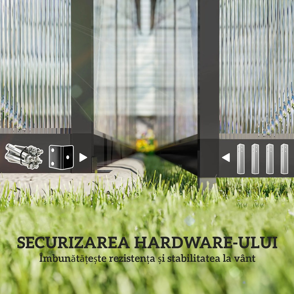 Seră de grădină Outsunny din aluminiu și policarbonat, 7,5㎡, cu ușă cu balamale, 2 ferestre reglabile, sistem de drenaj, anti-UV, 304x247x205cm, negru | Aosom Romania
