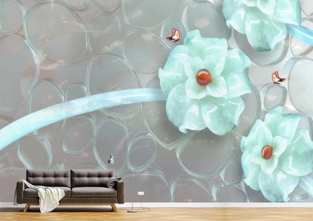 Tapet Premium Canvas - Flori turcoaz fluturi si perle 3d abstract