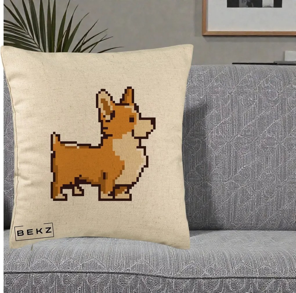 Perna Personalizata Corgi Pixel Art, 40x40 cm, Bej, Husa Detasabila, Perna Inclusa, BEKZ®