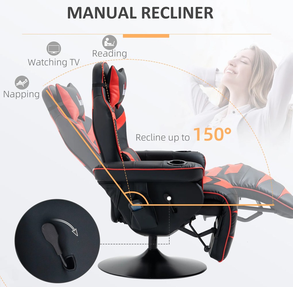 HOMCOM Scaun de Gaming cu Masaj, Suport pentru Picioare și Pernă, din Piele Sintetică, 79,5x82,5x111,5 cm, Negru și Roșu | Aosom Romania