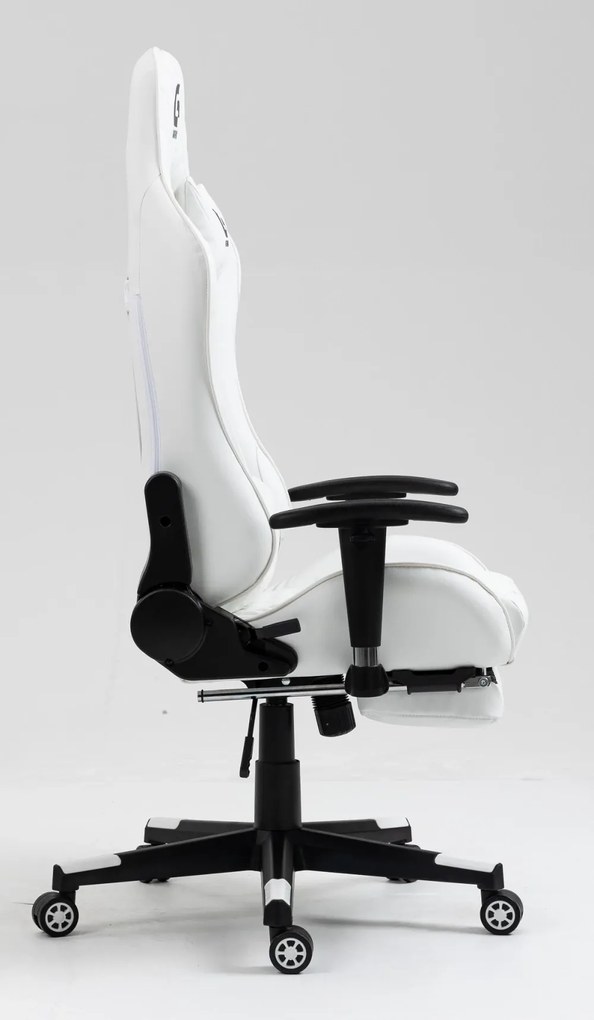 Scaun gaming, masaj in perna lombara, sezut benzi elastice sustinere suplimentara, cotiere 3D, suport picioare, funcție sezlong, 90-180 grade, Alb