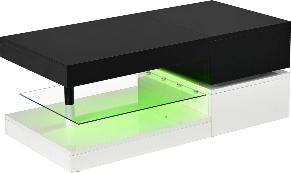 Masă de cafea cu iluminare ambientală LED, poliță din sticlă &amp; finisaj lucios, 90x45x35,5 cm, Negru+Alb