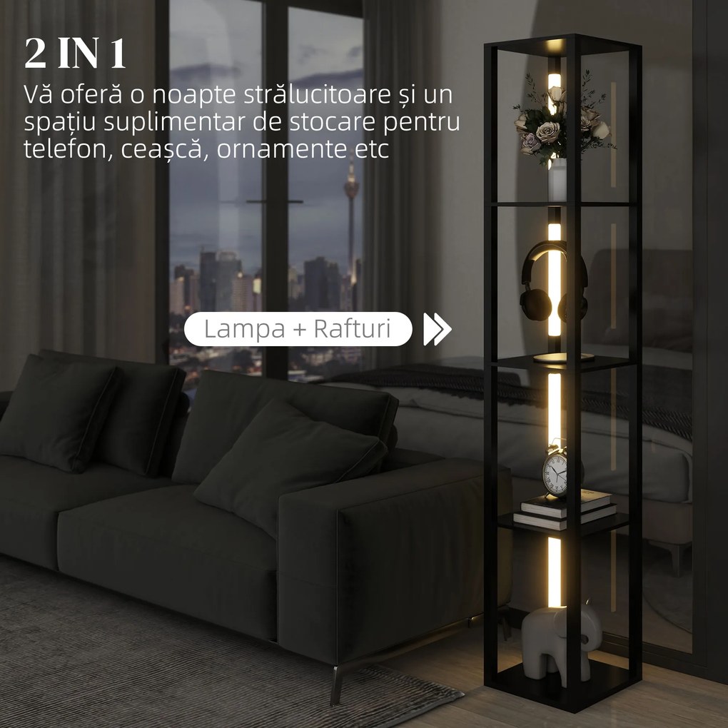 HOMCOM Lampă de Podea cu 4 Rafturi și 3 Luminozități Reglabile 29x29x163cm Negru | Aosom Romania