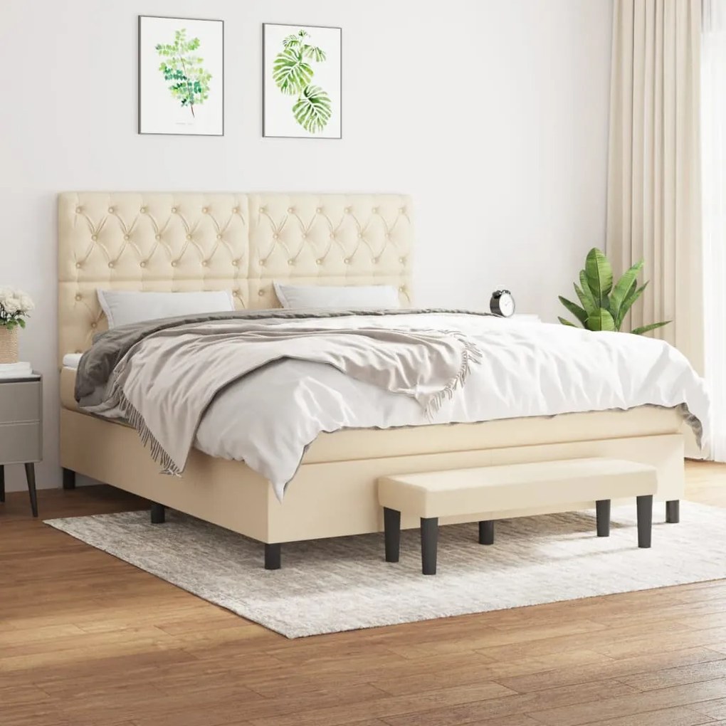 vidaXL Pat box spring cu saltea, crem, 160x200 cm, material textil