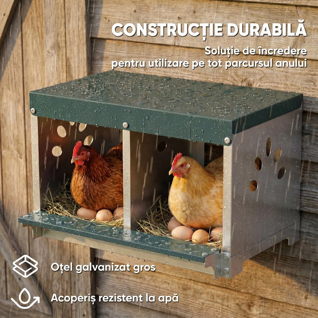 PawHut Cuib pentru Găini Ouătoare din Oțel cu 2 Compartimente, Bază Ridicată, Acoperiș și Orificii de Ventilare, Argintiu | Aosom Romania