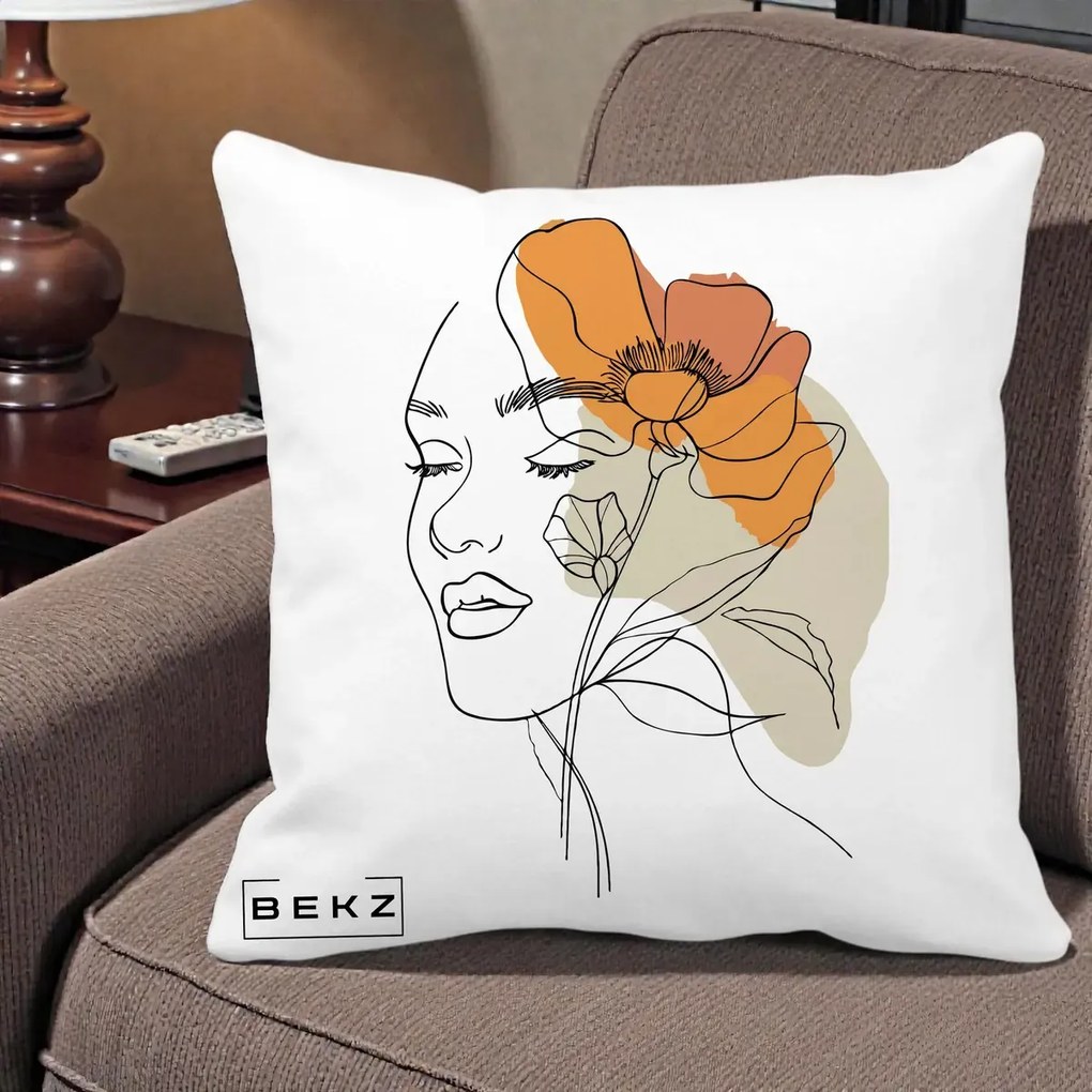 Perna Decorativa Portret Feminin Mac Mare Portocaliu, 40x40 cm, Alba Mata, Husa Detasabila, Perna Inclusa, BEKZ®