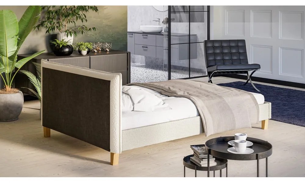 Pat matrimonial crem cu tăblie și somieră 140x200 cm Tina – Ropez