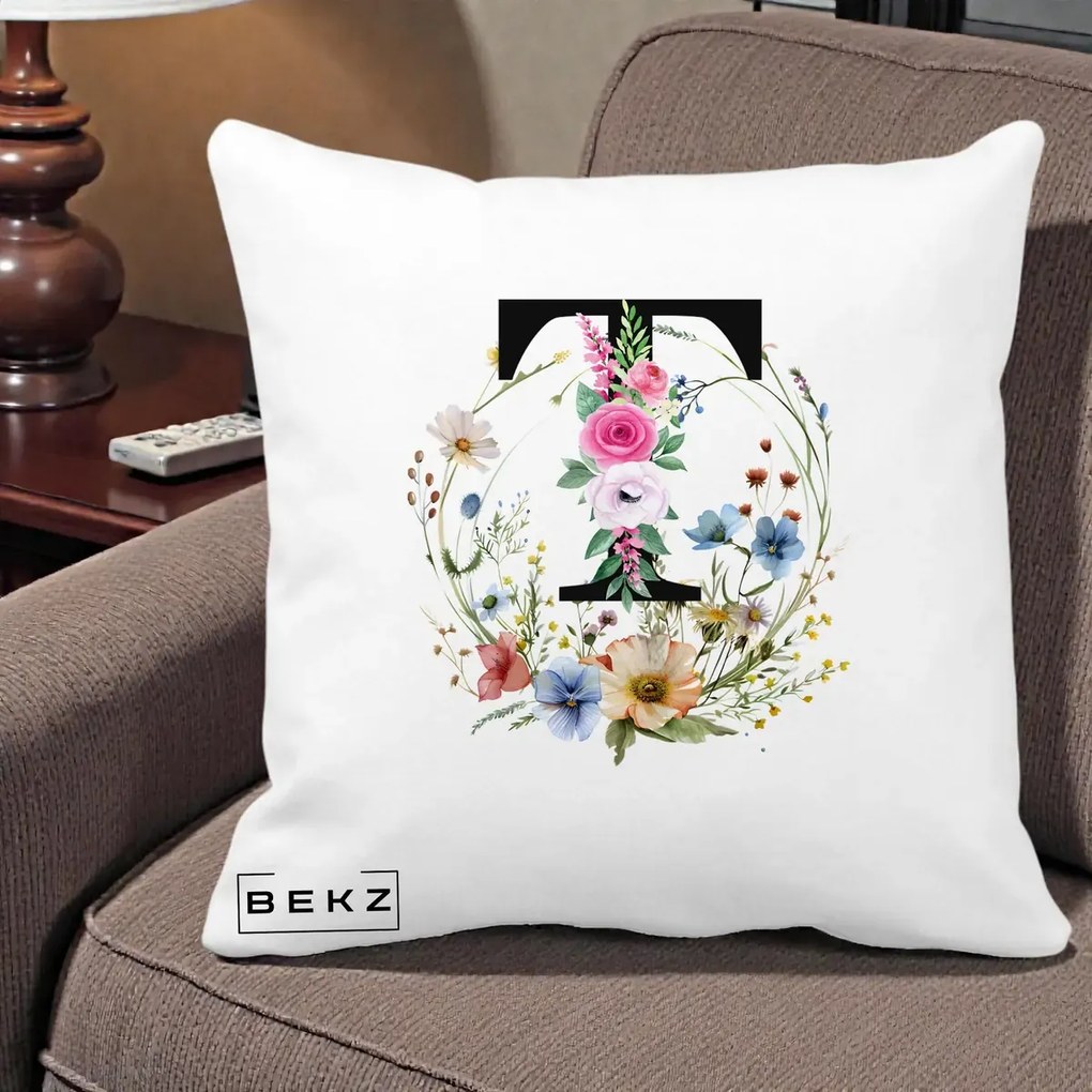 Cadou Personalizat - Perna Personalizata Monogram Litera T cu Flori Acuarela, 40x40 cm, Alba Mata, Husa Detasabila, Perna Inclusa, BEKZ®
