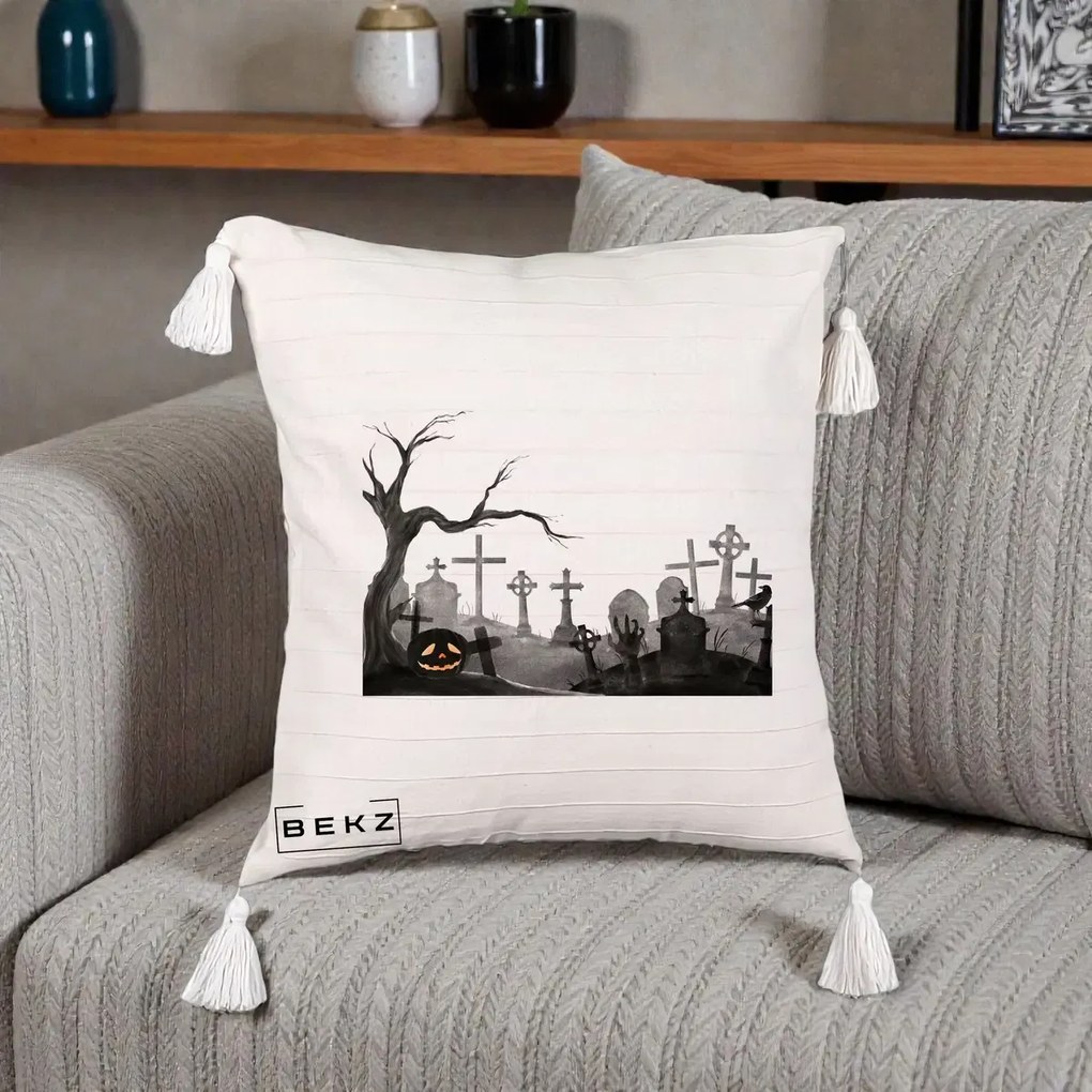 Perna Decorativa Halloween Cimitir Acuarela cu Dovleac, 40x40 cm, Bej cu Franjuri, Husa Detasabila, Perna Inclusa, BEKZ®
