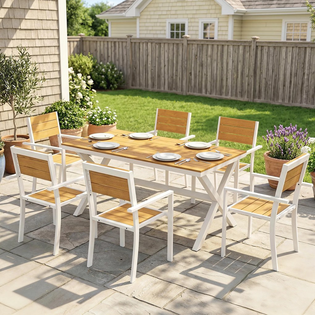 Outsunny Set Masă și Scaune de Grădină 7 Piese, Set Prânz Exterior din Aluminiu cu 6 Scaune Stivuibile, Masă cu Șipci Imitatie Lemn, pentru Terasă, Balcon, Patio, Teak | Aosom Romania