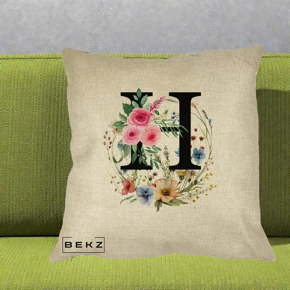 Cadou Personalizat - Perna Personalizata Monogram Litera H cu Flori Acuarela, 40x40 cm, Crem, Husa Detasabila, Perna Inclusa, BEKZ®