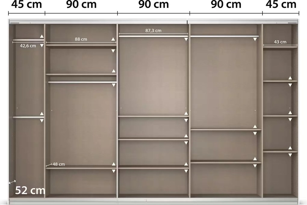 Dressing 360 cm lungime, 3 uși glisante, oglindă pe mijloc, culoare gri mătase, compartimentare premium, 229 cm înălțime