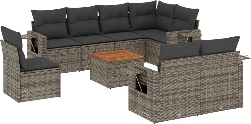 vidaXL Set canapele de grădină, 9 piese, cu perne, gri, poliratan