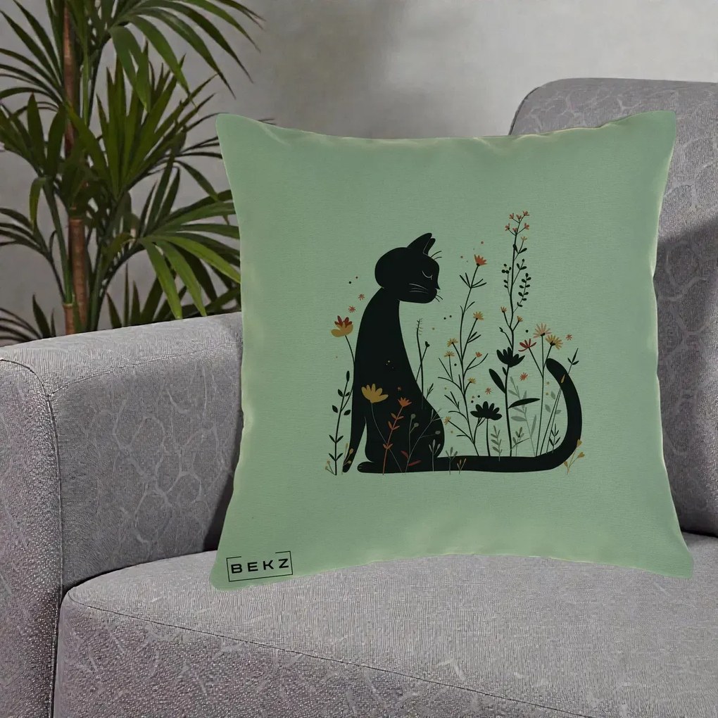 Perna Decorativa Pisica Neagra Flori Portocalii Silueta, 40x40 cm, Verde, Husa Detasabila, Perna Inclusa, BEKZ®