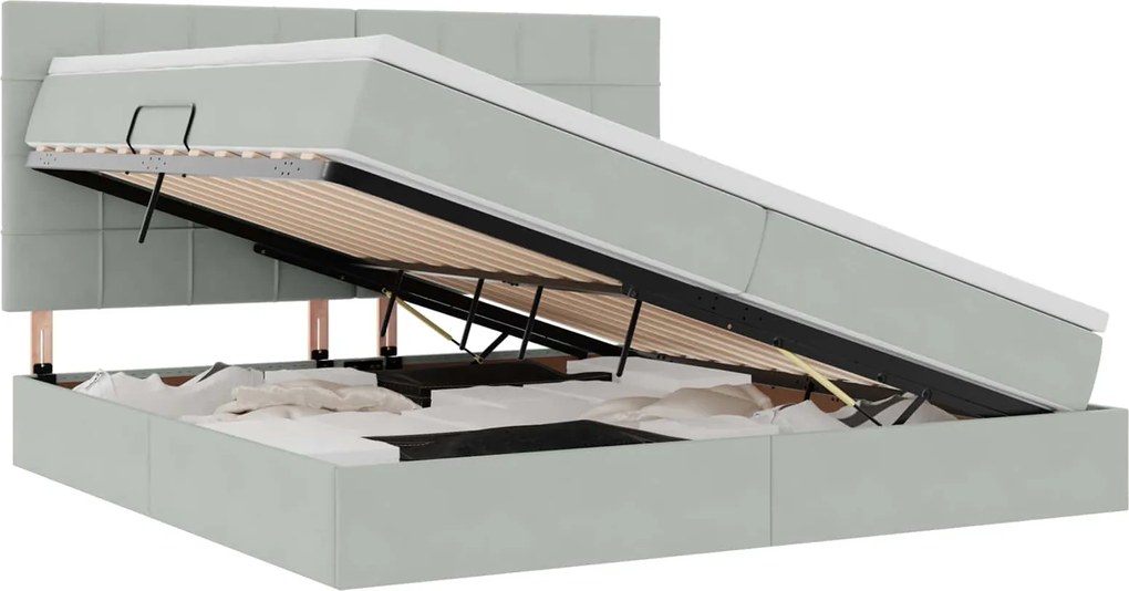 vidaXL Pat cu saltea și spațiu de depozitare Gri deschis 200 x 200 cm