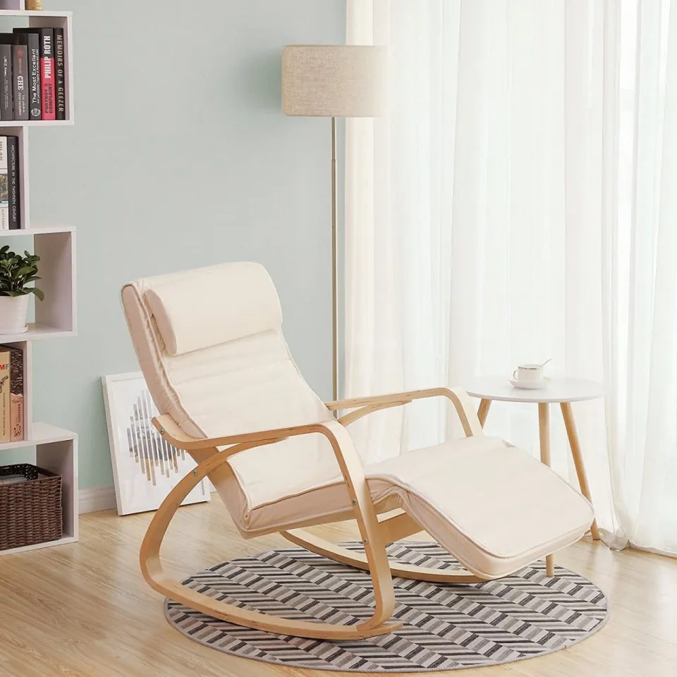 Fotoliu balansoar, lemn de mesteacan / textil, crem, Songmics, LYY10M