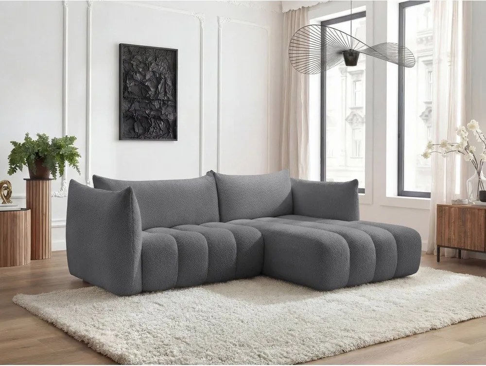 Colțar gri cu tapițerie din țesătură bouclé (cu colț pe partea dreaptă/cu șezlong) Azra – Bobochic Paris