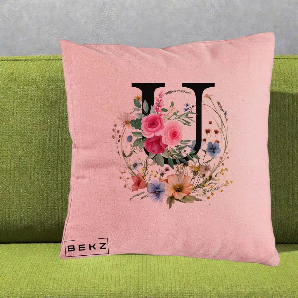 Cadou Personalizat - Perna Personalizata Monogram Litera U cu Flori Acuarela, 40x40 cm, Roz, Husa Detasabila, Perna Inclusa, BEKZ®
